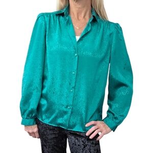 Vintage 80s Green Jacquard Satin Puff Shoulder Power Blouse Button Up Wyndham 6